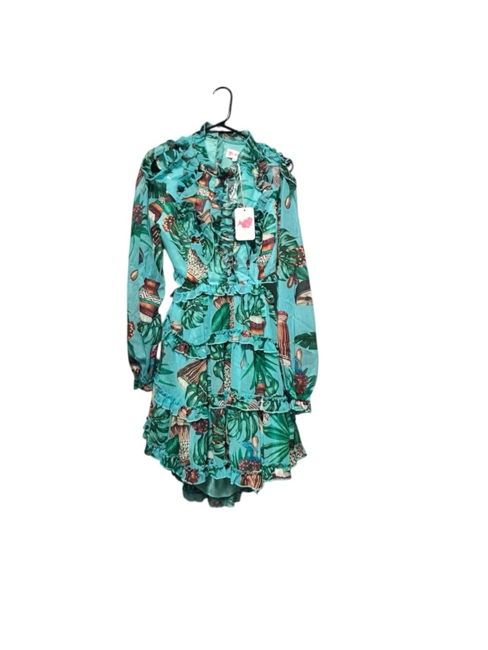 L'ATISTE Turquoise Tropical Print Ruffle Mini Dress